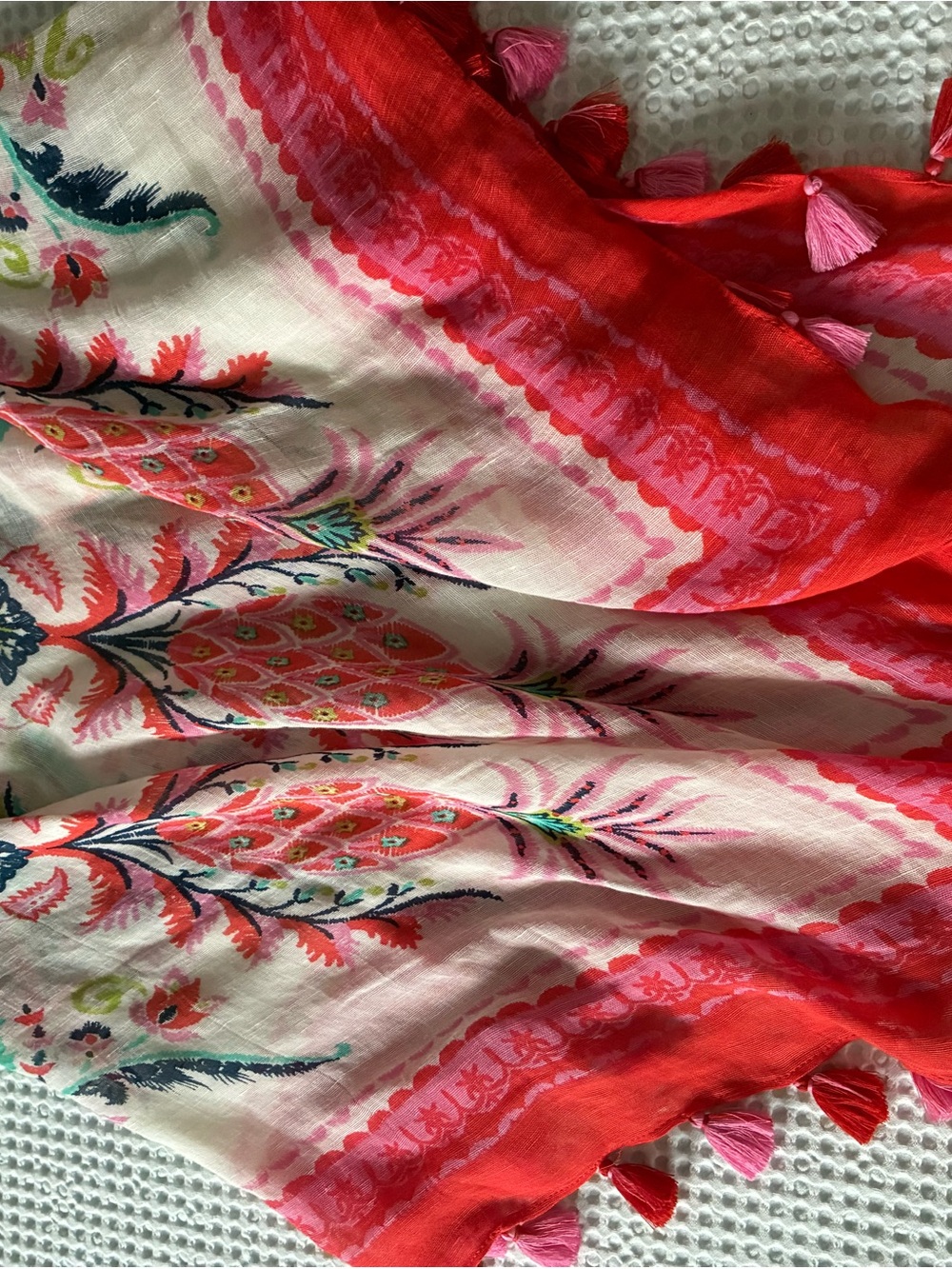 Spartina Floral Paisley Tassel Scarf - Pink & Red - 46” square - Picture 3 of 4